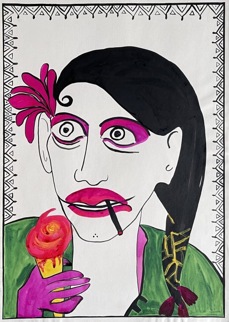 Rekha Rodwittiya | Self Portrait With Ice Cream | 1982 | Ink and gouache on paper | 23.5 x 16.5 Inches