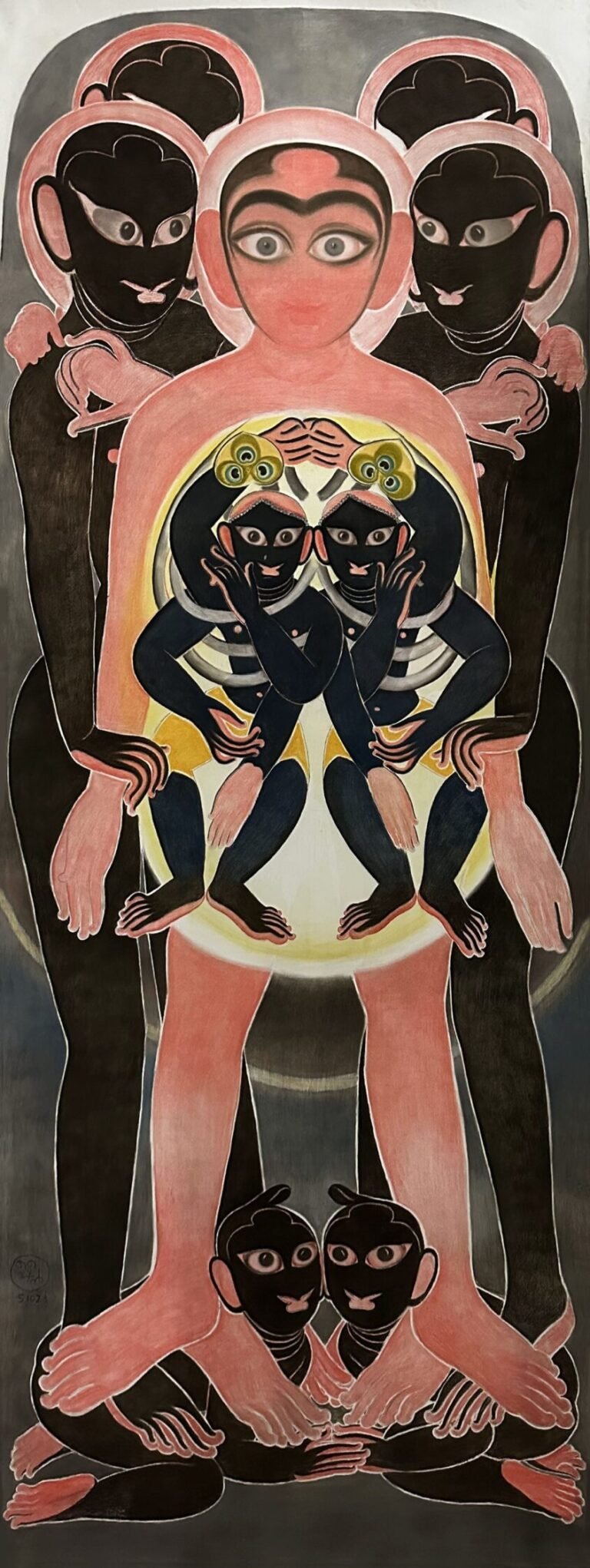 Shine Shivan | Atma Sabha | 2023 | Sanguine, charcoal and dry pastel on paper | 157 x 59 Inches