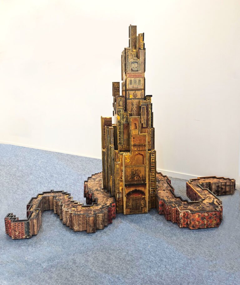 Nandan Ghiya | Found Object (Manthan) | 2023-25 | Acrylic, putty, gilding and enamel on printed reclaimed wood, HDHMR and found frames | 76(H) x 96(L) x 48(W) Inches