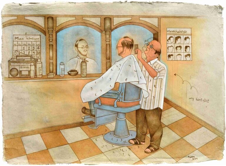 Roshan Chhabria | My Hairstylist | 2024 | Watercolour and colour pencil on wasli paper | 16 x 21 Inches