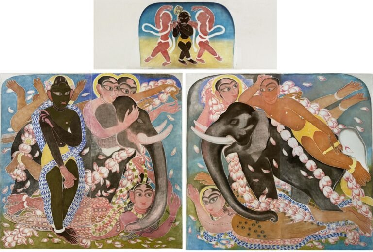 Shine Shivan | Shyam Sang Mansukh Dhansukh | 2023 | Sanguine, charcoal and dry pastel on paper (5 Panels) | Display size: 165 x 240 Inches