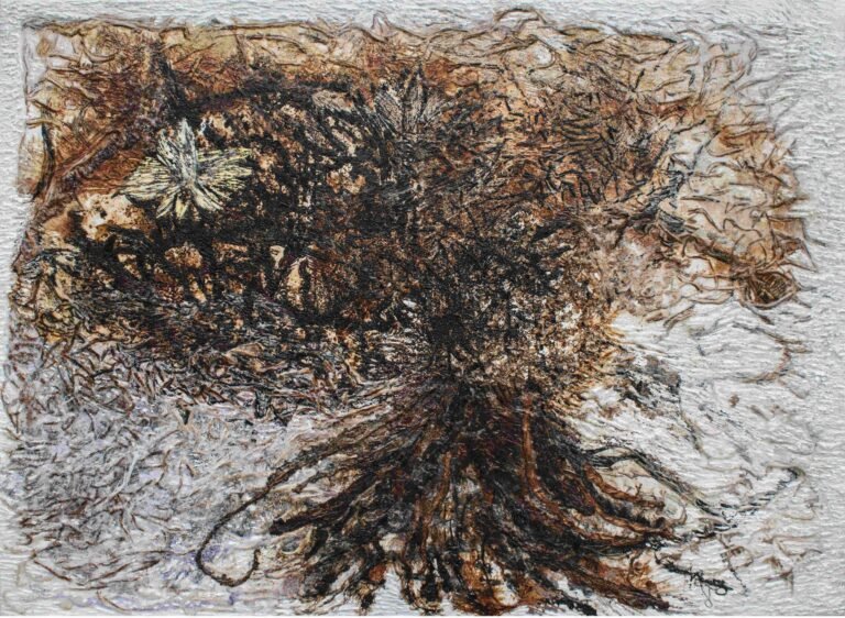 Jayashree Chakravarty | Expanded Roots | Oil, acrylic, jute, cotton, paper and tea stain on canvas | 50 x 69 Inches | 2019