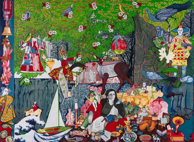 Rekha Rodwittiya | Home is Wherever You Are | Hand painted watercolour over digital print of autobiographic imagery | 57 x 77 Inches | 2025