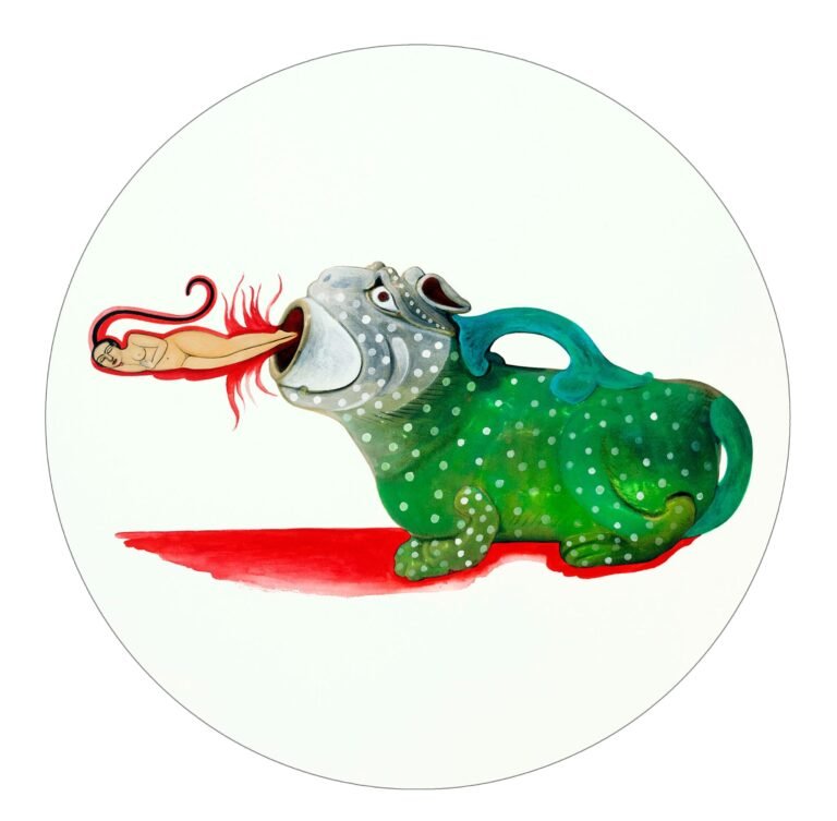 Rekha Rodwittiya | Rekha@Sixty: Transient Worlds of Belonging. Bedtime Stories | Watercolour and digital biographic imagery on paper | 19(Dia) Inches | 2018