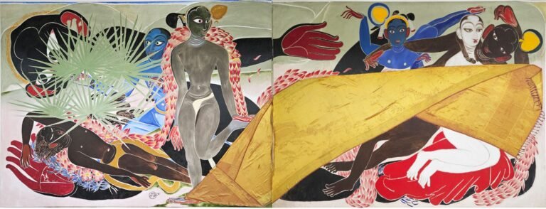 Shine Shivan | Prarthana | 2025 | Oil and readymade saree on canvas (Diptych) | 9 x 24 Ft