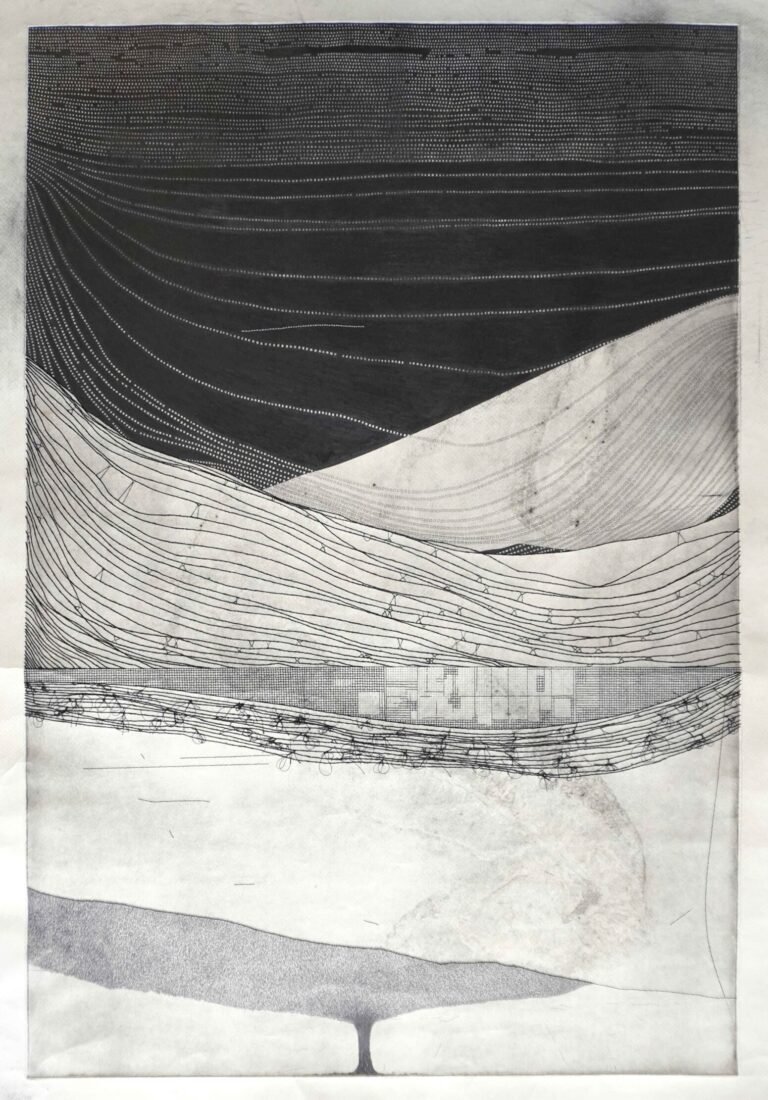 Ratna Gupta | She’s Not Just a Forest | 2026 | Soft ground lift, etching ink, graphite, embroidery thread and archival adhesive on Fabriano Bianco 220 gsm paper | 39.5 x 27 Inches