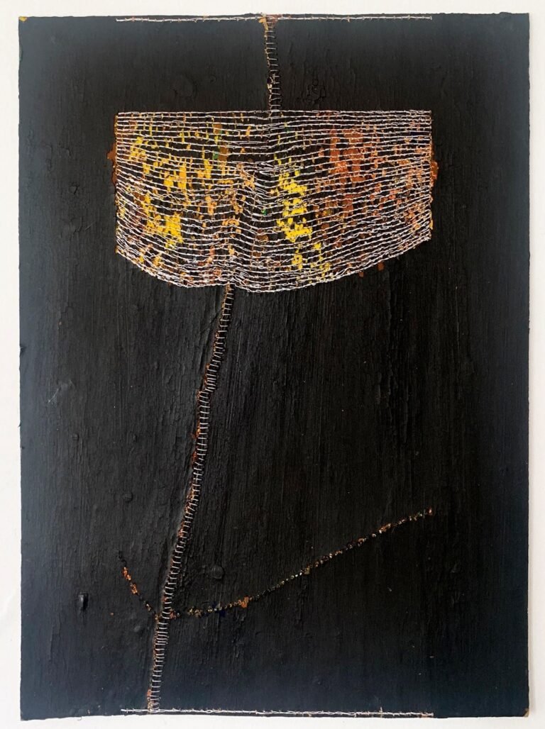 Ratna Gupta | An Incomplete Letter Of Dissent 06 | 2022 | Gouache, embroidery thread, graphite and archival adhesive on l’aquarelle canson heritage cold pressed cotton paper | 14 x 10 Inches