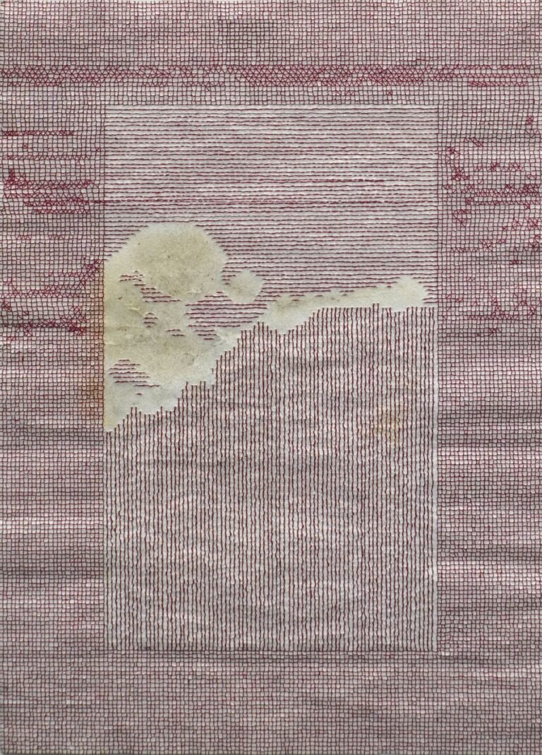 Ratna Gupta | Dreaming in a Fog (as the Blood Flows, Till It Stops) | 2024 | Embroidery thread, natural pigment, graphite and archival adhesive on archival paper | 14 x 10 Inches