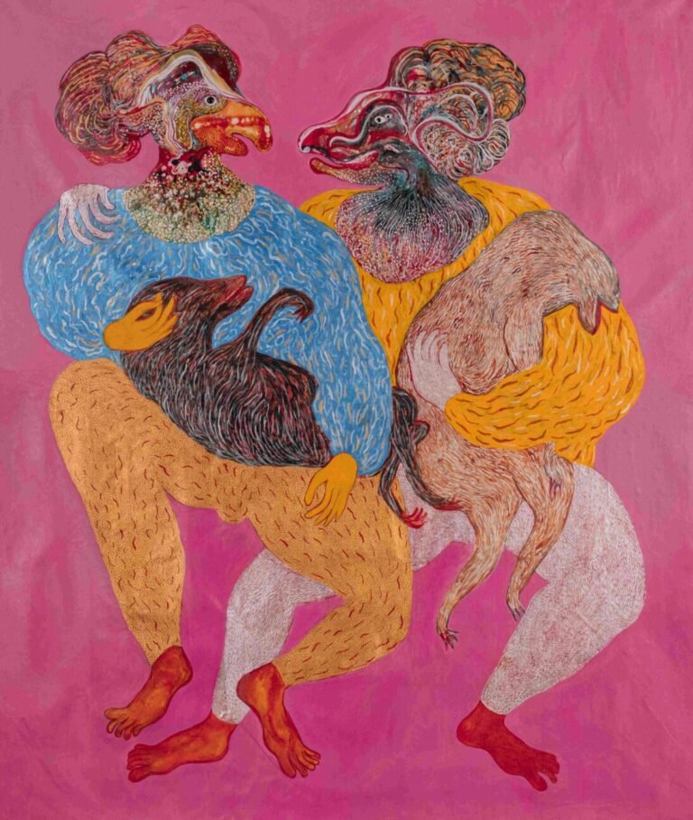 Debashish Paul | Untitled | 2025 | Acrylic, acrylic ink and ceramic eyes on metal base on linen canvas | 86 x 74 Inches