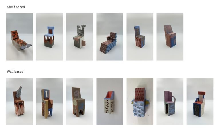 Élodie Alexandre | Chairs of Discomfort | 2022 | Red earthenware clay, vitreous slips and underglazes (13 individual units) | 7(H) x 2.5(W) x 2.5(D) Inches each (approx.)