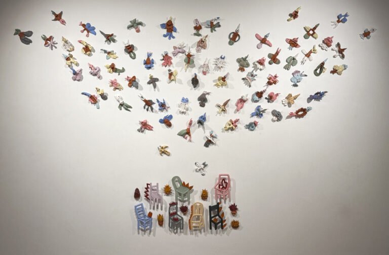 Élodie Alexandre | Chairs, Fire, Birds | 2022 | Red earthenware clay, slips, glazes and glass beads (73 individual units) | 8(H) x 5(W) x 2(D) Inches each (approx.)