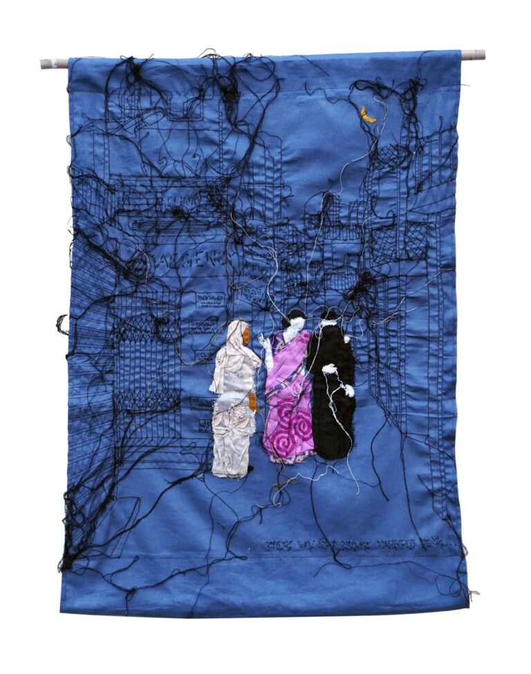 Moumita Basak | रात की सत्ता (Raat Ki Satta) | 2025 | Hand stitching, machine embroidery and yarn on waste cloth | 24 x 17.5 Inches