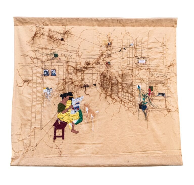 Moumita Basak | ताज़ा ख़बरें (Taaja Khabare) | 2026 | Hand stitching, machine embroidery and yarn on waste cloth | 32 x 35.5 Inches