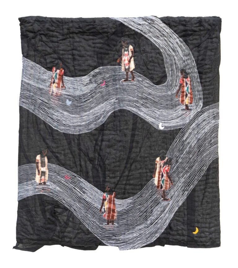 Moumita Basak | We Can Walk | 2026 | Hand stitching, machine embroidery, yarn and waste cloth on hand-stitched Kantha | 30 x 36 Inches