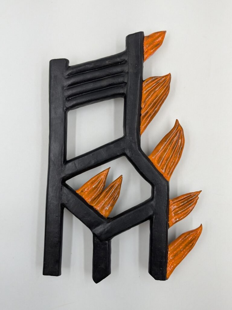 Élodie Alexandre | Chairs on Fire | 2026 | Terracotta, engobe and glaze | 11(H) x 7.5(W) x 1(D) Inches each (approx.)