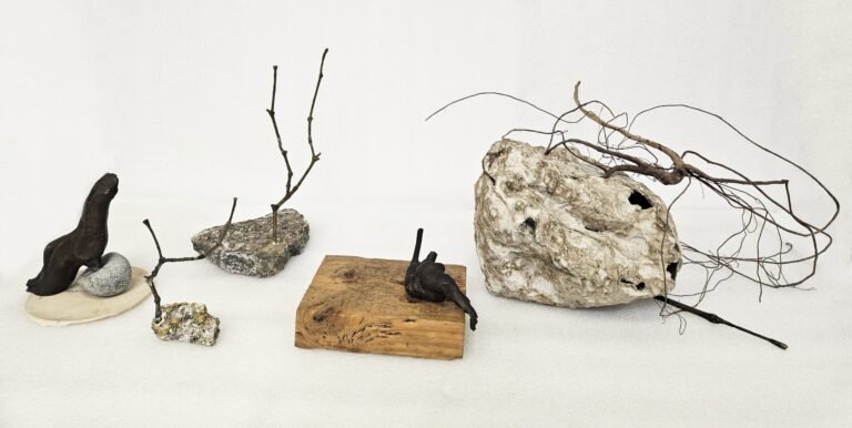 Ratna Gupta | Everything is Precious (series) | 2026 | Plaster, found wood, brass, bronze, jasmonite, stone, natural objects (Set of 5 units) | Display size: 7.5(H) x 36(W) x 12(D) Inches approx.