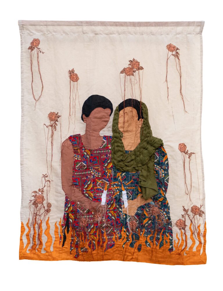 Moumita Basak | Triadic Landscape | 2026 | Hand stitching, machine embroidery and yarn on waste cloth | 45 x 35 Inches