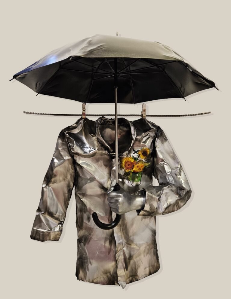 Lakshman Rao Kotturu | Plants are Growing in Shade | 2025 | Aluminium sheet, stainless steel, fiberglass and printed sticker | 41(H) x 32(W) x 26(D) Inches