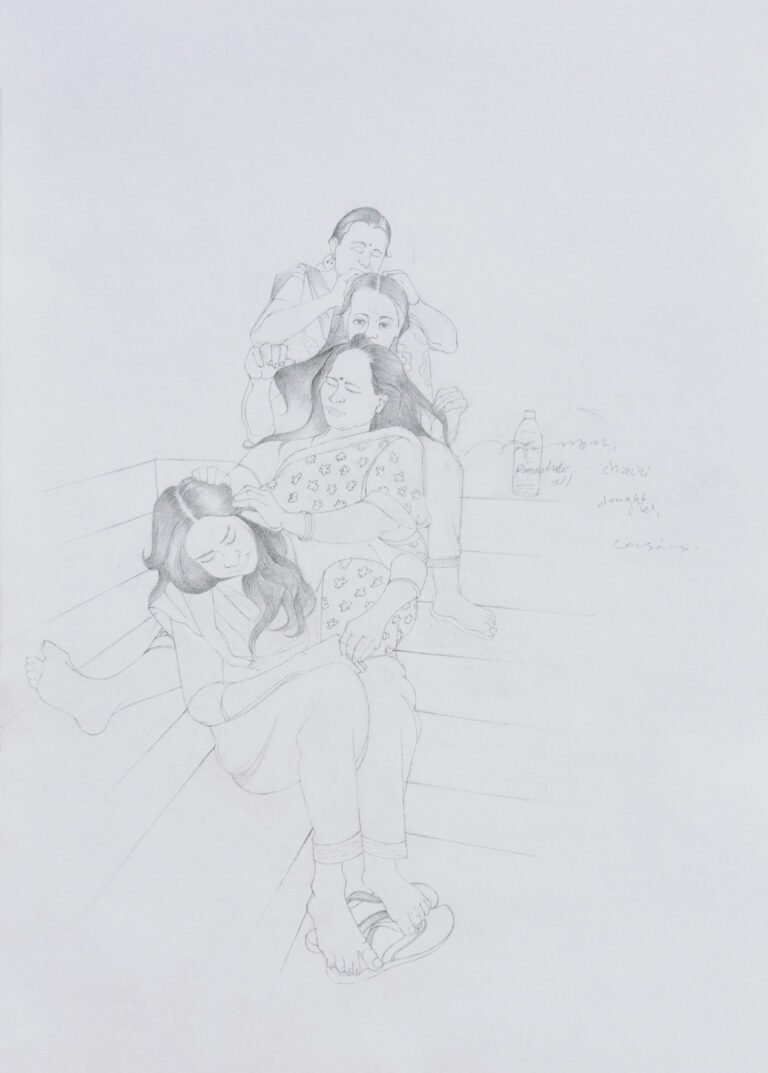 Roshan Chhabria | Family Oiling | 2026 | Pencil on paper | 16.5 x 11.5 Inches