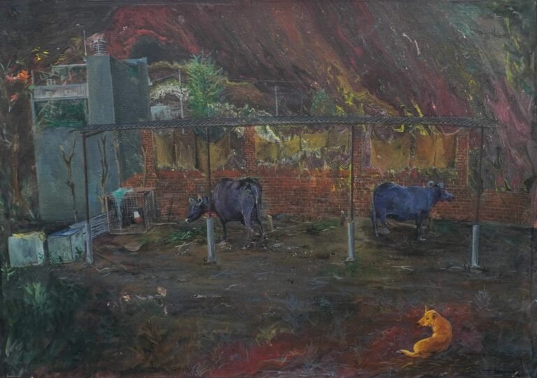Hasan Ali Kadiwala | The Village Era I | 2021 | Acrylic and fluid on canvas | 24 x 33 Inches