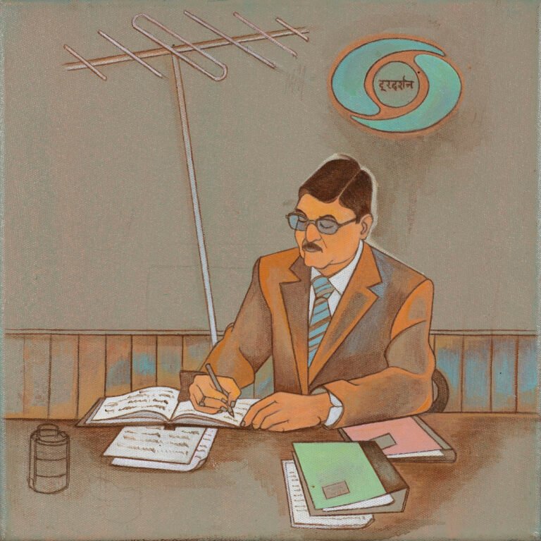 Roshan Chhabria | Indian Man Working in Doordarshan Office | 2024 | Matte acrylic on canvas | 12 x 12 Inches