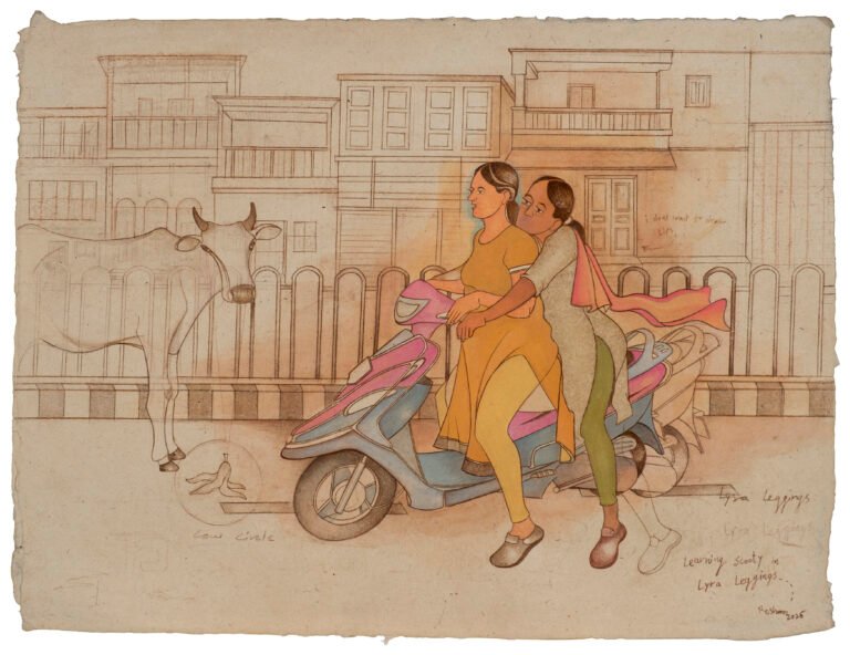 Roshan Chhabria | Learning Scooty in Lyra Leggings | 2026 | Watercolour and colour pencil on wasli paper | 16 x 21 Inches