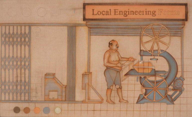Roshan Chhabria | Local Engineering Forms | 2026 | Natural pigment and colour pencil on linen canvas | 22 x 36 Inches