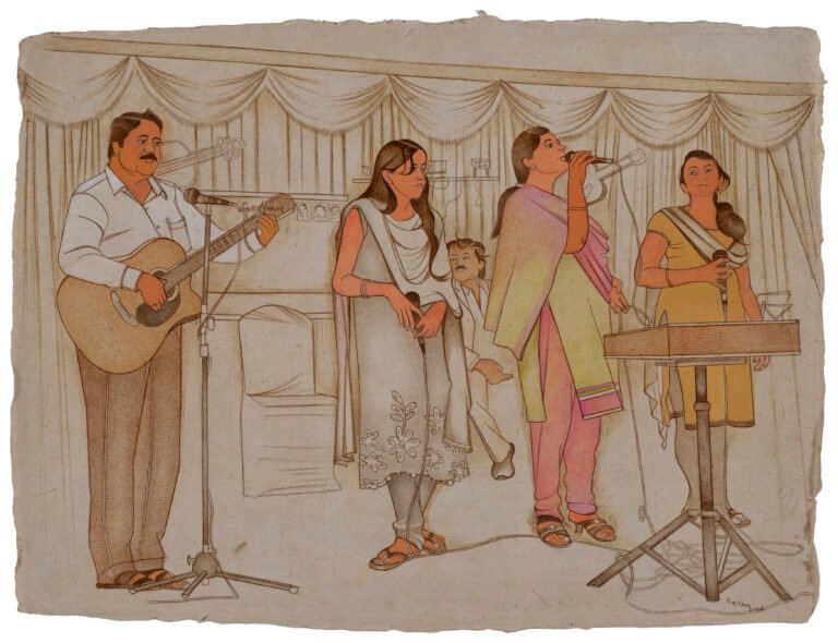 Roshan Chhabria | Melody Nights (Orchestra) | 2026 | Watercolour and colour pencil on wasli paper | 16 x 21 Inches