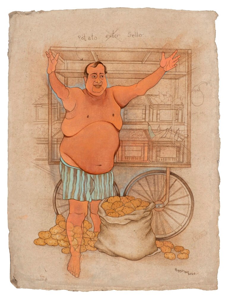 Roshan Chhabria | Potato Eater/Seller | 2026 | Watercolour and colour pencil on wasli paper | 21 x 16 Inches