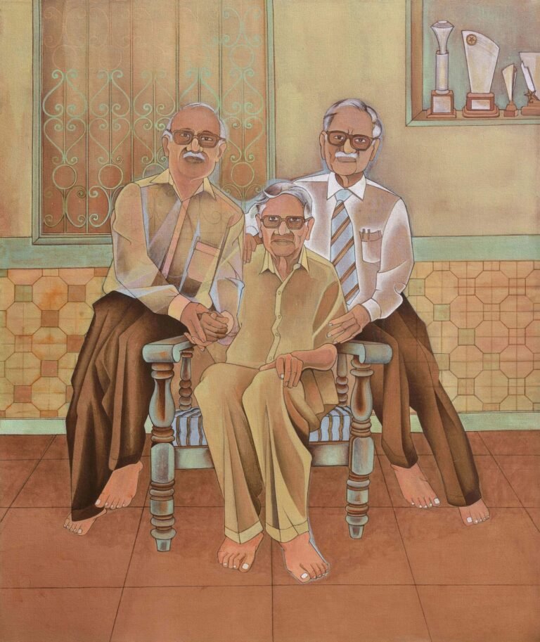 Roshan Chhabria | Three Old Friends Reunion | 2025 | Matte acrylic on linen canvas | 36 x 30 Inches