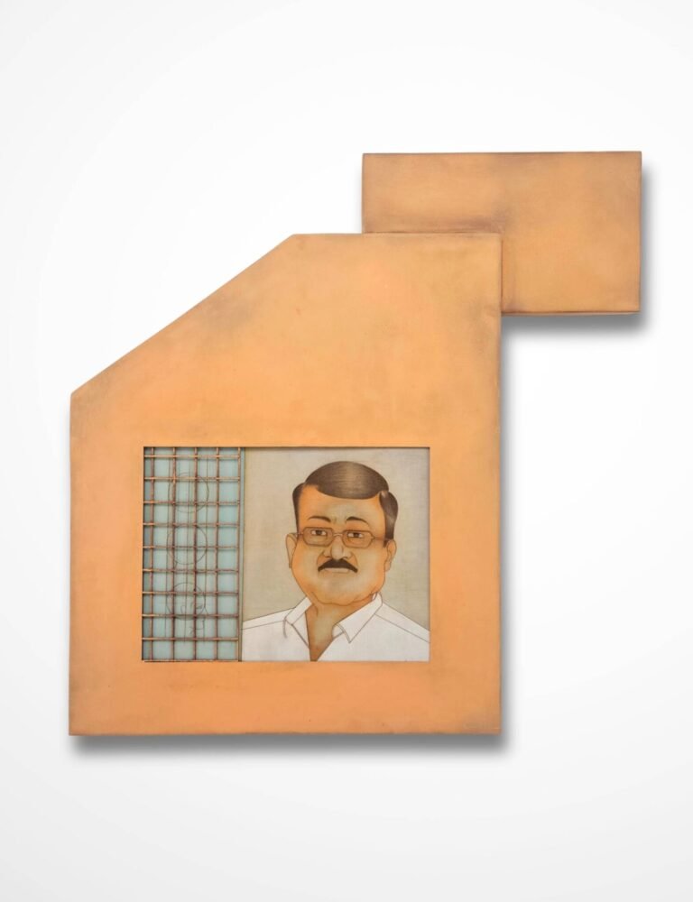 Roshan Chhabria | Portrait With Found Object  | 2026 | Natural pigment and colour pencil on linen canvas pasted on board and metal | 32 x 33 Inches | Canvas size: 13 x 17 Inches