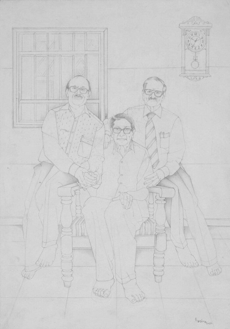 Roshan Chhabria | Three Old Friends Reunion | 2026 | Pencil on paper | 16.5 x 11.5 Inches