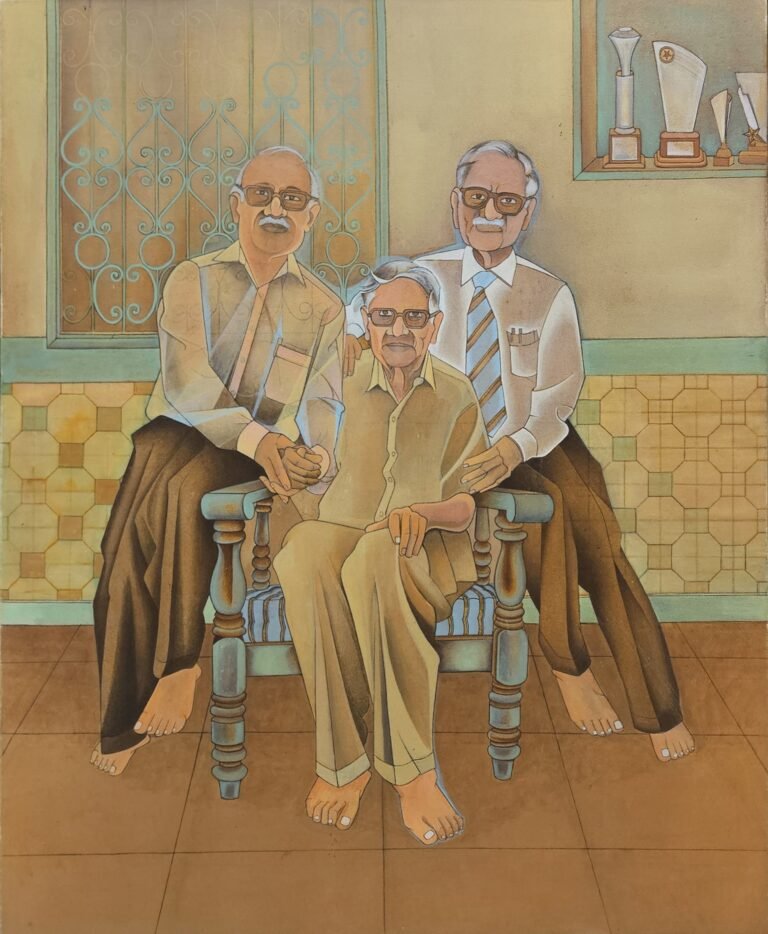 Roshan Chhabria | Three Old Friends Reunion | 2025 | Matte acrylic on linen canvas | 36 x 30 Inches