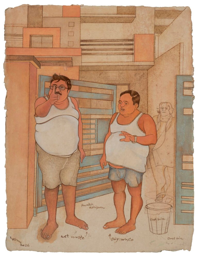 Roshan Chhabria | Bangkok Trip Gone Wrong | 2026 | Watercolour and colour pencil on wasli paper | 21 x 16 Inches
