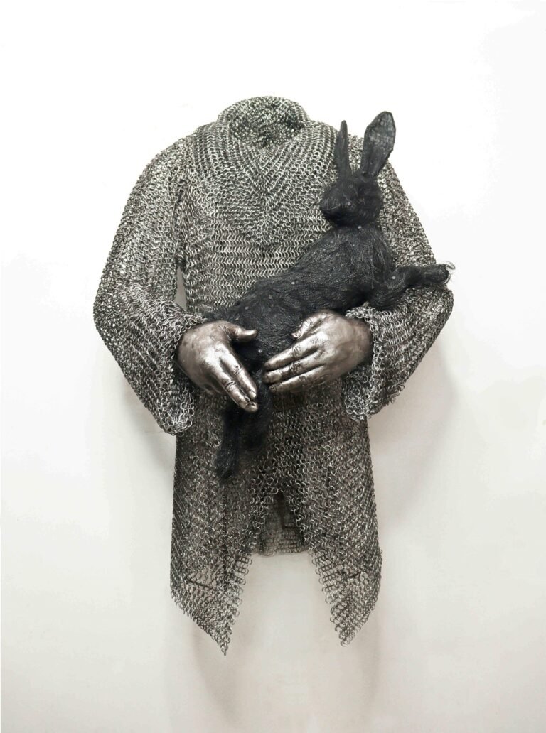 Lakshman Rao Kotturu | Waiting for Reincarnation | 2026 | MS chainmail shirt, stainless steel black mesh, fiberglass and steel | 40(H) x 24(W) x 22(D) Inches