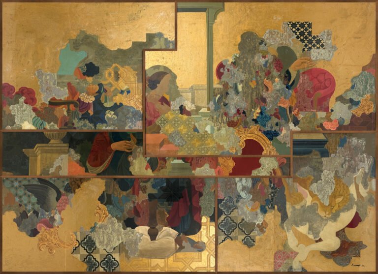 Manjunath Kamath | Around the White Fountain | 2026 | Gold leaf, gouache and acrylic on paper (Set of 5 units) | 89 x 106 Inches