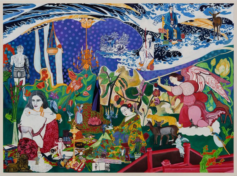 Rekha Rodwittiya | Home is Wherever You Are | 2025 | Hand painted watercolour over digital print of autobiographic imagery | 57 x 77 Inches