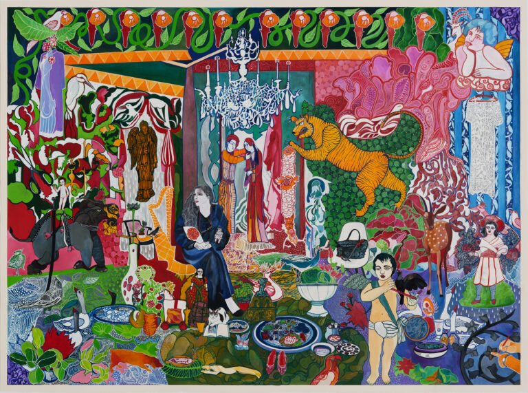 Rekha Rodwittiya | Home is Wherever You Are | 2026 | Hand painted watercolour over digital print of autobiographic imagery | 57 x 77 Inches