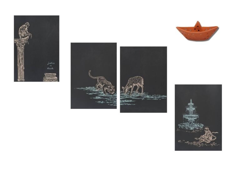Bhanu Shrivastav | Whoever Owns the Land, Owns the Water Beneath It | 2026 | Engraving on wood, terracotta and letter press ink (Set of 5 units) | Panels: 11.5 x 8 Inches each | Sculpture: 4(H) x 9(W) x 4(D) Inches