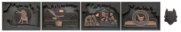 Bhanu Shrivastav | Inhumanity’s Imprint | 2024 | Woodcut, natural coal and plywood (Set of 4 units) | Panels: 18 x 24 Inches each | Sculpture: 12.5 x 9.5 Inches