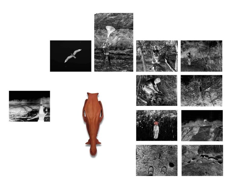 Bhanu Shrivastav | The Sound of Silence (Megalithic Burial Site) | 2024 | Print on archival paper and red oxide and red soil coated on wild boar skull (Set of 12 units). 1/1 AP (Limited edition of 1 + 1 AP) | 10 works: 10 x 13 Inches, 1 work: 19 x 13 Inches, Sculpture: 17(H) x 6(W) x 6(D) Inches