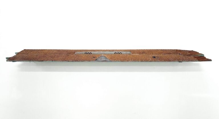 Rohit Varekar | Floting House | 2026 | Hand-carved reclaimed wood collected from abandoned and fallen houses in the Konkan region (Set of 2 units) | 5.5(H) x 86(W) x 9.5(D) Inches
