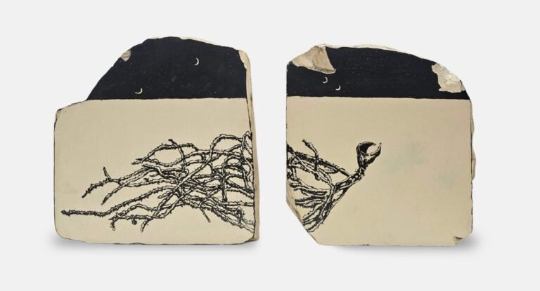 Shadiya CK | How to Plant Stones I, II | 2025 | Etched drawing on limestone (Set of 2 units) | 10(H) x 9.5(W) x 2.5(D) Inches each