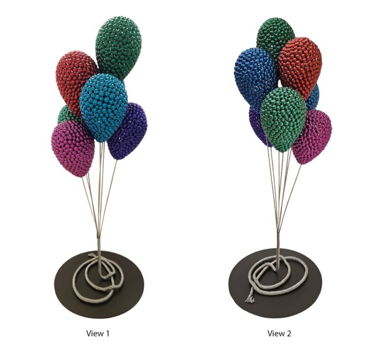 Valay Shende | Bunch of Balloons | Balloons: Painted Stainless Steel Discs, Rope: Stainless Steel, Base: Coated Stainless Steel | 59(H) x 22(L) × 22(W) Inches