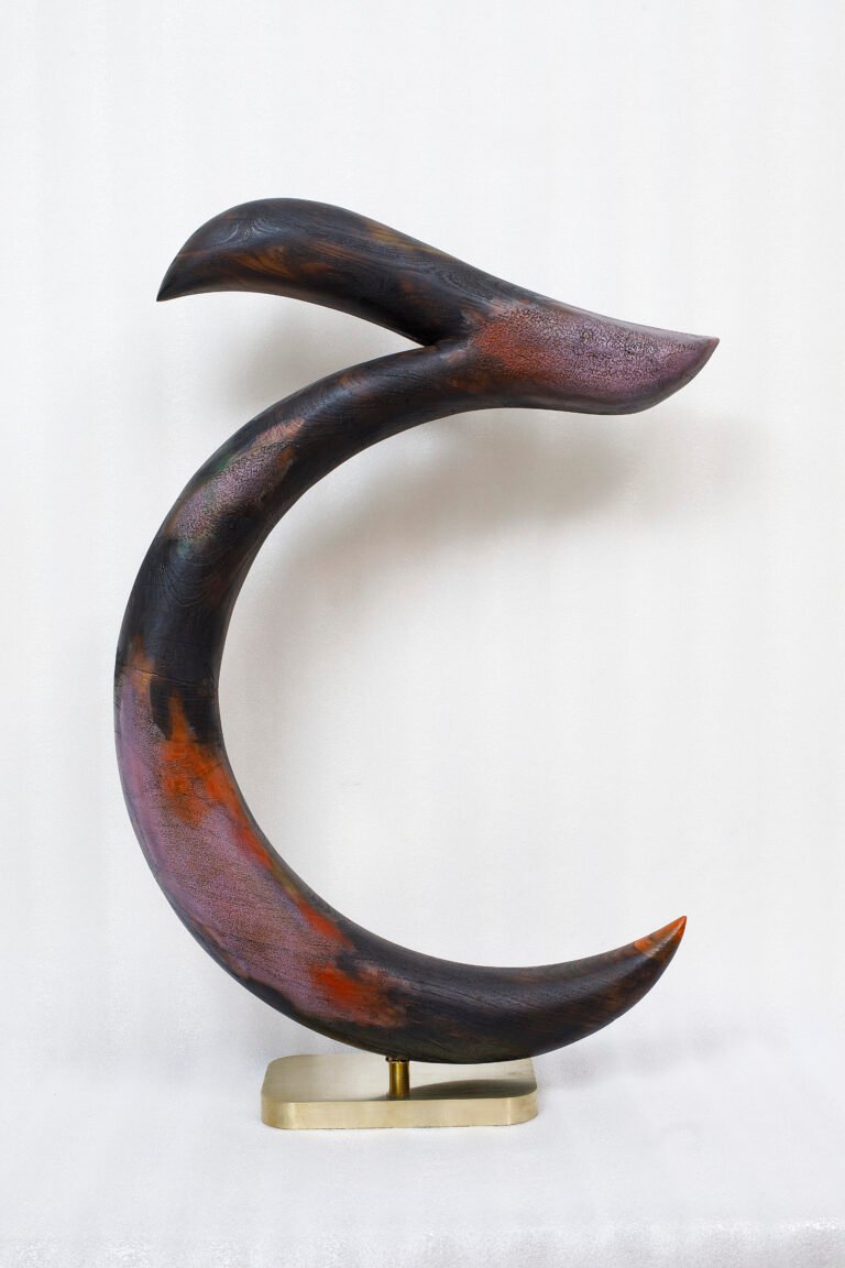 Hasan Ali Kadiwala | ‘Huruf  IX’ (Husn-e-Fitrat) | 2026 | Acrylic, oil and laser engraving on torched wood | 29(H) x 26(W) x 4(D) Inches