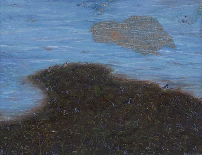 Hasan Ali Kadiwala | Bostan (Garden of Serenity) | 2026 | Acrylic, oil and laser engraving on torched wood | 14 x 18 Inches