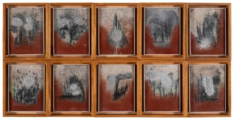 Lochan Upadhyay | Silver skies | 2026 | Charcoal and automobile spray on paper (Set of 10 units) | Display size: 11.5 x 23.5 Inches