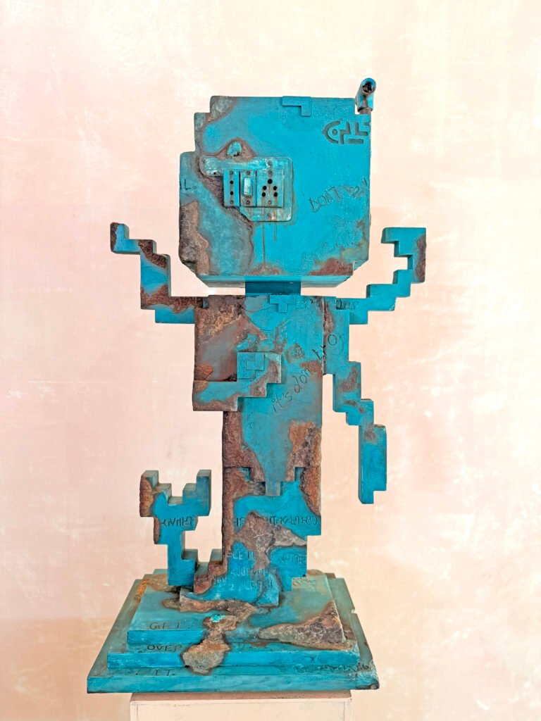 Nandan Ghiya | Found Object (Matsya as a Blue City?) | Wood, concrete, plastic, assorted metals and pigments | 40(H) x 23(L) x 13(W) Inches