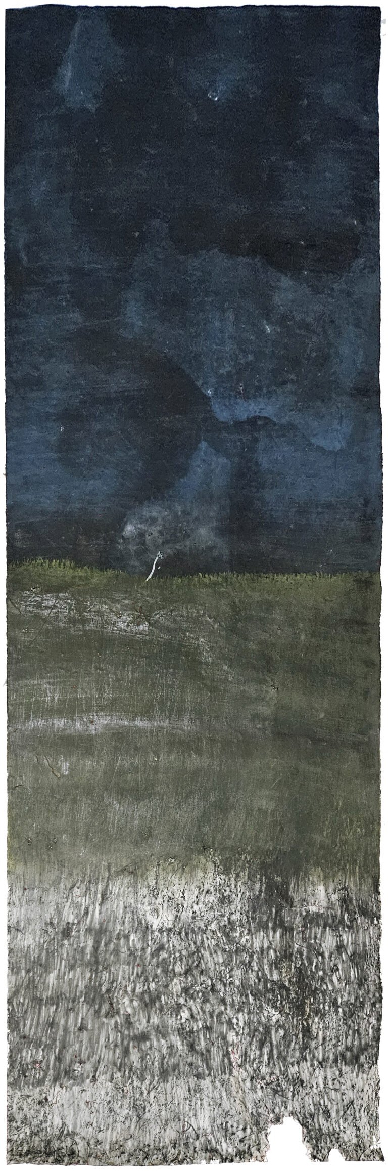 Ratna Gupta | Monsoon in Maxem | 2025 | Gouache, dry pastel, oil pastel, graphite, embroidery thread and archival adhesive on Arches cotton paper | 134 x 45 Inches