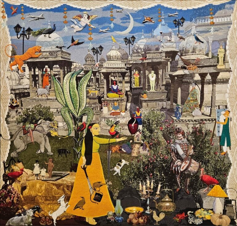 Rekha Rodwittiya | Home is Wherever You Are | 2025-26 | Embroidery (Cotton thread, silk thread, metallic thread, bullion, beads, fabric) | 46 x 48 Inches